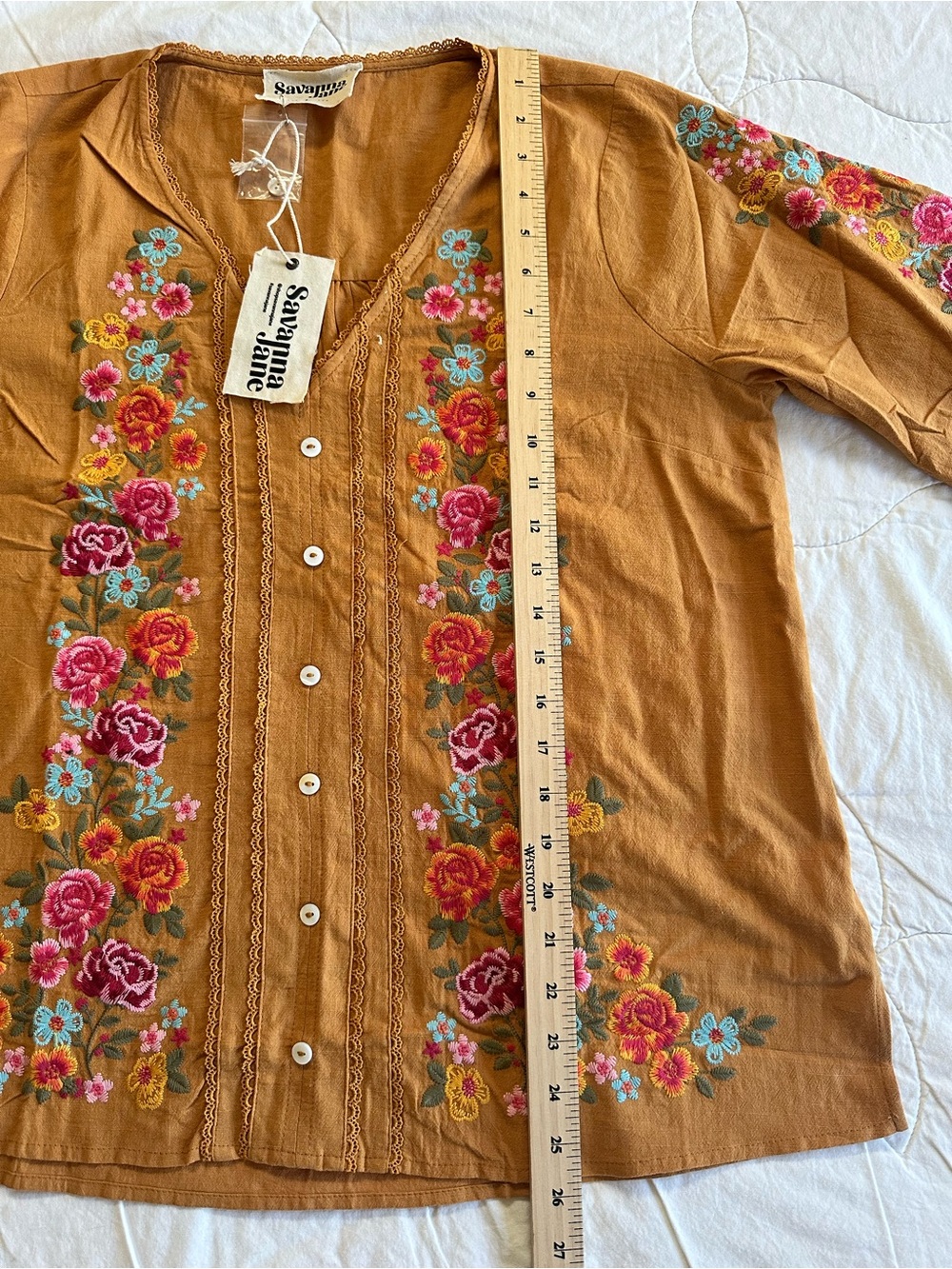 Savanna Jane Mustard Embroidered Floral Button-Front Top - Picture 10 of 12